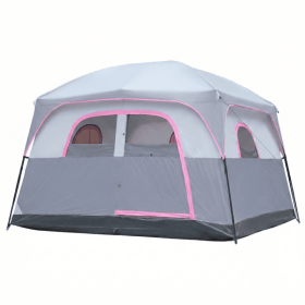 6 Person Outdoor Camping Tent, Waterproof Windproof Easy Setup, Double Layer Family Camping Tent with 1 Mesh Door & 5 Large Mesh Windows, Gray